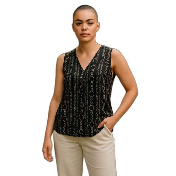 NEW Banana Republic X-Small Black Gold Tank Chain Design V-Neck Pleated Drapey - Picture 1 of 9